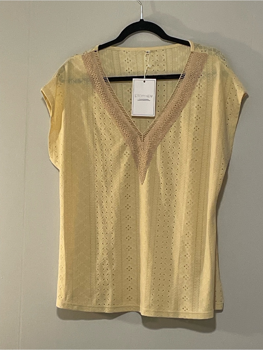 Light Yellow Crochet Trim V-Neck Women's Top. Item # 11716